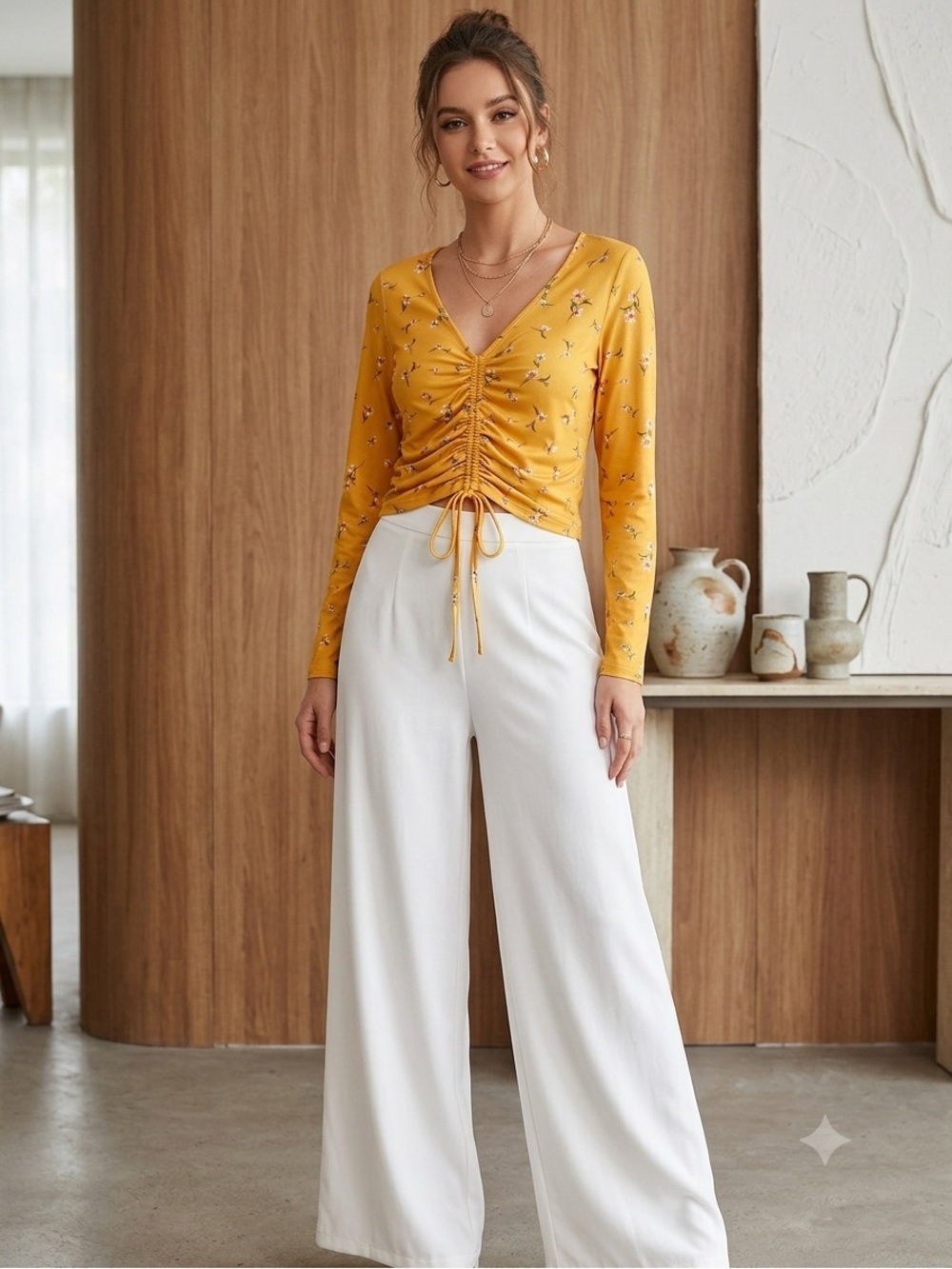 Ragdoll Mustard Yellow Ruched V-Neck Long Sleeve Top